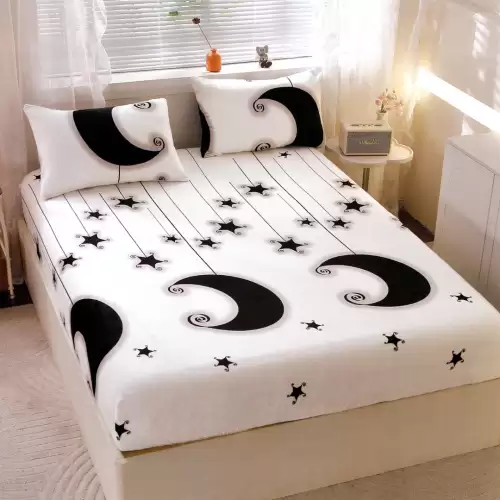 Cearsaf cu Elastic Cocolino 180x200cm si 2 fete de perna 50x70cm, Alb, Negru, Luna si Stele