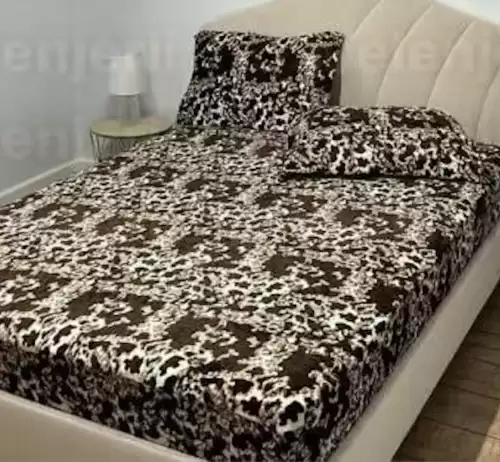 Cearsaf cu Elastic Cocolino 180x200cm si 2 fete de perna 50x70cm, Bej, Maro, Animal Print