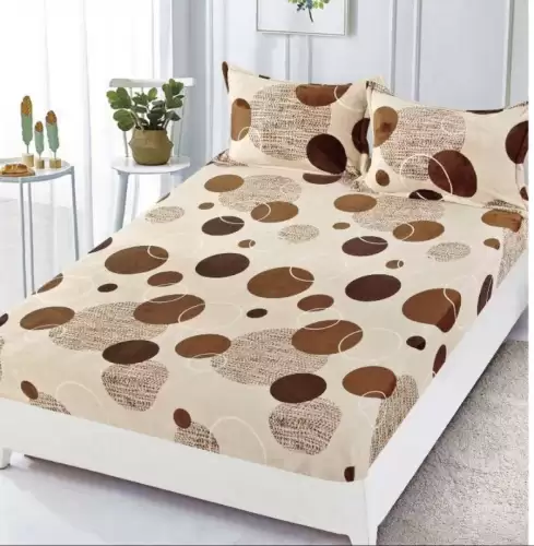 Cearsaf cu Elastic Cocolino 180x200cm si 2 fete de perna 50x70cm, Bej, Maro, Buline