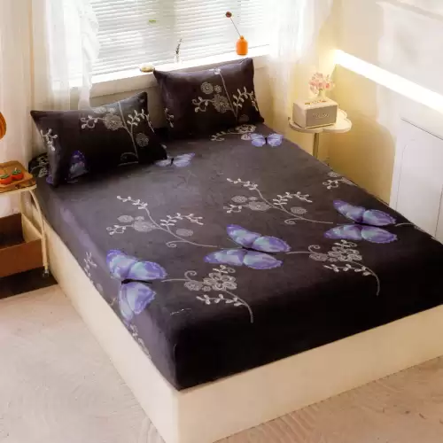 Cearsaf cu Elastic Cocolino 180x200cm si 2 fete de perna 50x70cm, Bleumarin, Fluturi