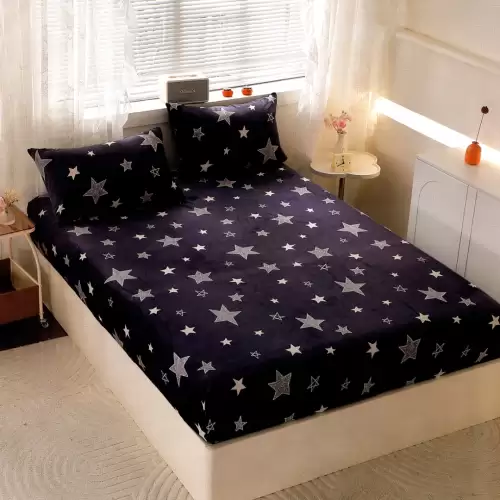 Cearsaf cu Elastic Cocolino 180x200cm si 2 fete de perna 50x70cm, Bleumarin, Stelute