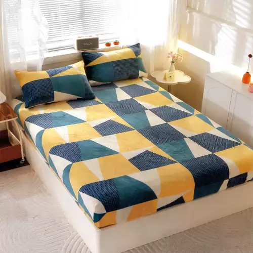 Cearsaf cu Elastic Cocolino 180x200cm si 2 fete de perna 50x70cm, Galben, Verde, Bleumarin, Forme Geometrice