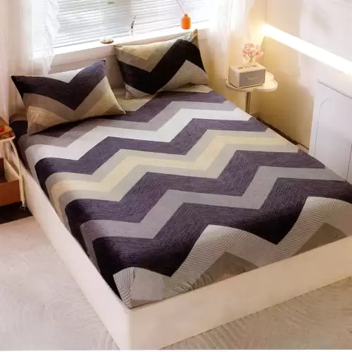 Cearsaf cu Elastic Cocolino 180x200cm si 2 fete de perna 50x70cm, Gri, Bej, Ziz-Zag