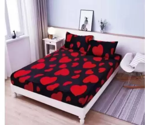 Cearsaf cu Elastic Cocolino 180x200cm si 2 fete de perna 50x70cm, Negru, Inimioare Rosii