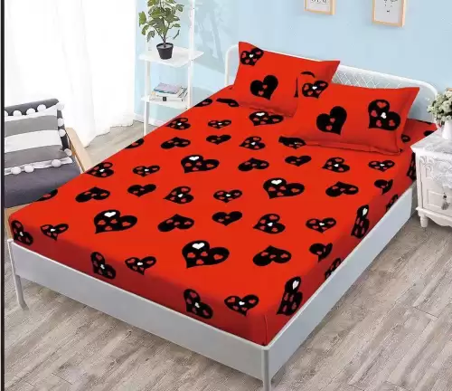 Cearsaf cu Elastic Cocolino 180x200cm si 2 fete de perna 50x70cm, Rosu, Inimioare Negre