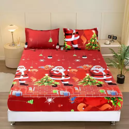 Cearsaf cu Elastic Cocolino 180x200cm si 2 fete de perna 50x70cm, Rosu, Mos Craciun, Brazi