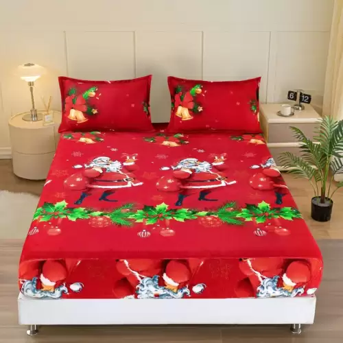 Cearsaf cu Elastic Cocolino 180x200cm si 2 fete de perna 50x70cm, Rosu, Mos Craciun