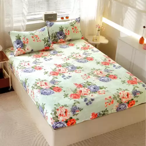 Cearsaf cu Elastic Cocolino 180x200cm si 2 fete de perna 50x70cm, Verzui, Flori