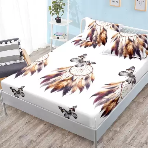 Cearsaf cu elastic, FINET, 180x200cm, 2 fete de perne 50x70cm, Alb, Maro, fluturi, pene colorate