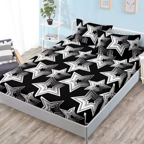 Cearsaf cu elastic, FINET, 180x200cm, 2 fete de perne 50x70cm, Alb, Negru, stelute
