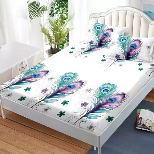 Cearsaf cu elastic, FINET, 180x200cm, 2 fete de perne 50x70cm, Alb, pene colorate