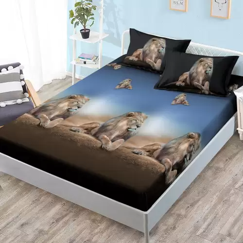 Cearsaf cu elastic, FINET, 180x200cm, 2 fete de perne 50x70cm, Albastru, Maro, Lei