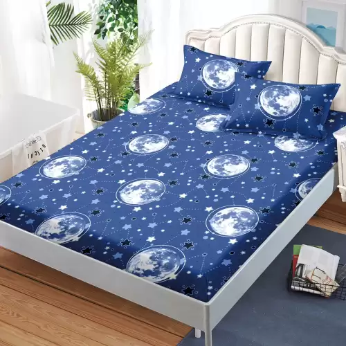 Cearsaf cu elastic, FINET, 180x200cm, 2 fete de perne 50x70cm, Albastru, stelute, luna