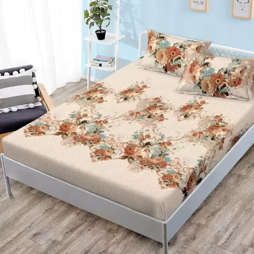 Cearsaf cu elastic, FINET, 180x200cm, 2 fete de perne 50x70cm, Bej, flori