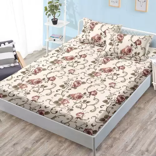 Cearsaf cu elastic, FINET, 180x200cm, 2 fete de perne 50x70cm, Bej, trandafiri