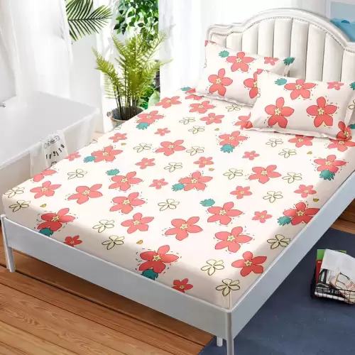 Cearsaf cu elastic, FINET, 180x200cm, 2 fete de perne 50x70cm, Corai, flori