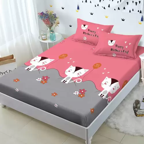 Cearsaf cu elastic, FINET, 180x200cm, 2 fete de perne 50x70cm, Gri, Roz, pisicute