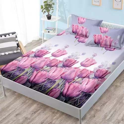 Cearsaf cu elastic, FINET, 180x200cm, 2 fete de perne 50x70cm, Lila, lalele