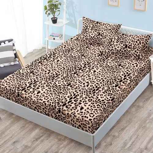Cearsaf cu elastic, FINET, 180x200cm, 2 fete de perne 50x70cm, Maro, animal print