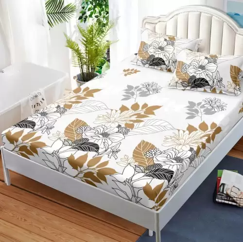 Cearsaf cu elastic, FINET, 180x200cm, 2 fete de perne 50x70cm, Maro, frunze