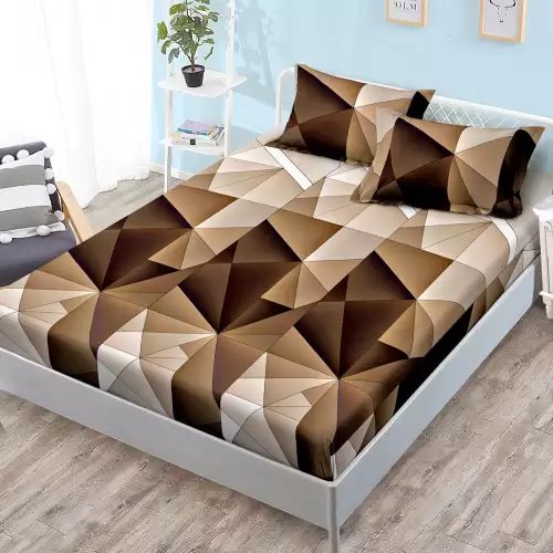 Cearsaf cu elastic, FINET, 180x200cm, 2 fete de perne 50x70cm, Maro, romburi