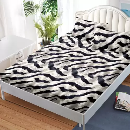 Cearsaf cu elastic, FINET, 180x200cm, 2 fete de perne 50x70cm, Negru, Crem, animal print