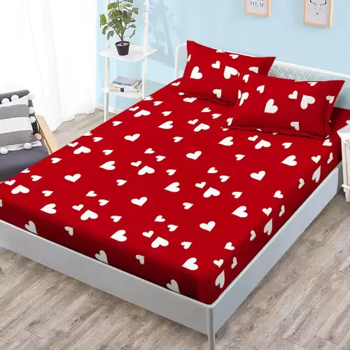 Cearsaf cu elastic, FINET, 180x200cm, 2 fete de perne 50x70cm, Rosu, inimioare