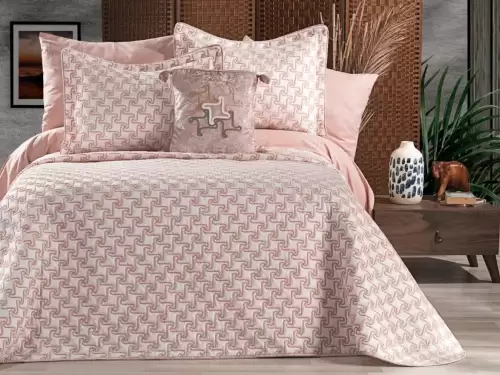 Cuvertura ARIA pentru pat dublu cu smocuri brodate si 3 fete de perna, Alb-Roz