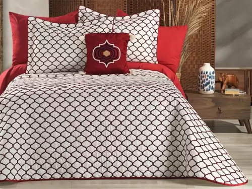 Cuvertura MELODIE pentru pat dublu cu smocuri brodate si 3 fete de perna, Alb-Rosu