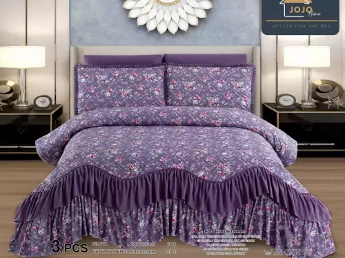 Cuvertura pat dublu, 3 piese, Bumbac Finet, 220x270cm, cu volanase, Jojo Home, Mov, flori