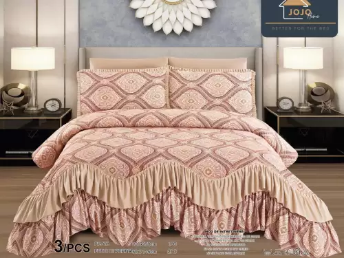Cuvertura pat dublu, 3 piese, Bumbac Finet, 220x270cm, cu volanase, Jojo Home, Roz-Bej, model elegant