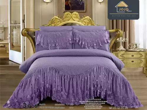 Cuvertura pat dublu, 3 piese, Bumbac Finet, 220x280cm, cu volanase si broderie, Jojo Home, Mov