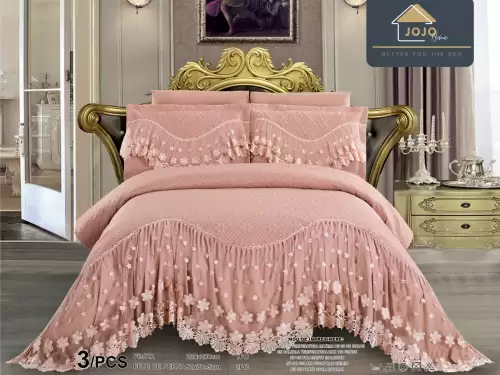 Cuvertura pat dublu, 3 piese, Bumbac Finet, 220x280cm, cu volanase si broderie, Jojo Home, Roz prafuit