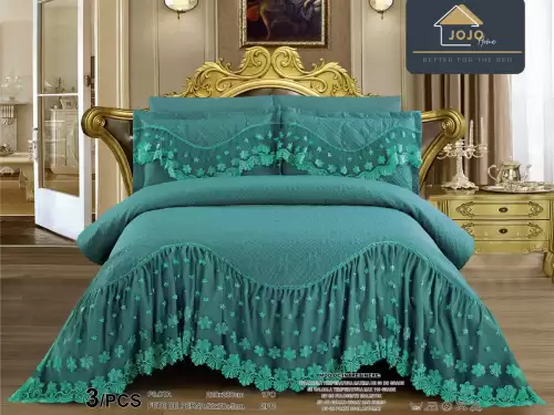 Cuvertura pat dublu, 3 piese, Bumbac Finet, 220x280cm, cu volanase si broderie, Jojo Home, Turquoise