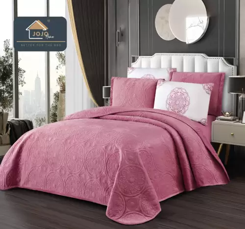 Cuvertura pat dublu, 5 piese, Finet Premium Matlasat, 220x240cm, Jojo Home, Roz