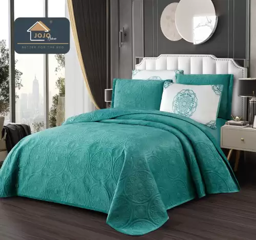 Cuvertura pat dublu, 5 piese, Finet Premium Matlasat, 220x240cm, Jojo Home, Turquoise