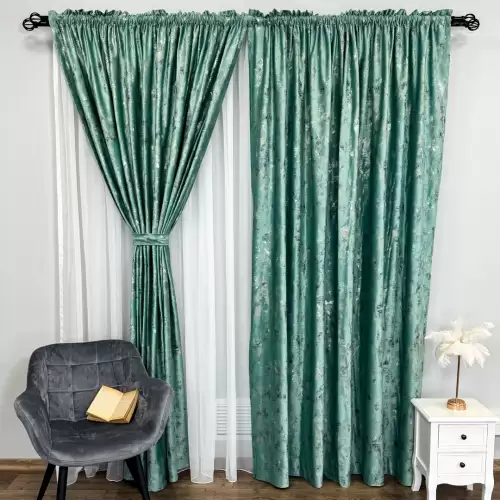 Draperie Catifea Asama cu insertii aurii, 140cm latime x 260cm inaltime, cu TIV LAT, Menta - V21