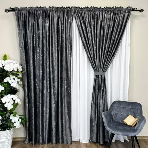 Draperie Catifea Asama cu insertii aurii, Gri inchis - V14, 140cm latime x 260cm inaltime, cu rejansa pt bara