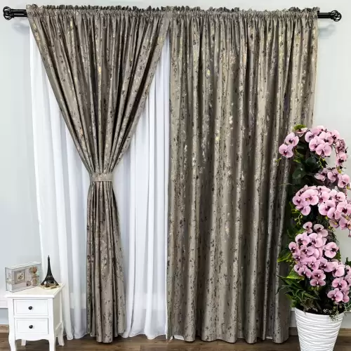 Draperie Catifea CRETA cu insertii aurii, 140cm latime x 260cm inaltime, cu TIV LAT, Grej - YNS33-23