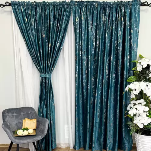 Draperie Catifea CRETA cu insertii aurii, 140cm latime x 260cm inaltime, cu TIV LAT, Turquoise - V6