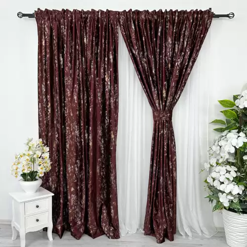 Draperie Catifea CRETA cu insertii aurii, 140cm latime x 260cm inaltime, cu TIV LAT, Visiniu - V10