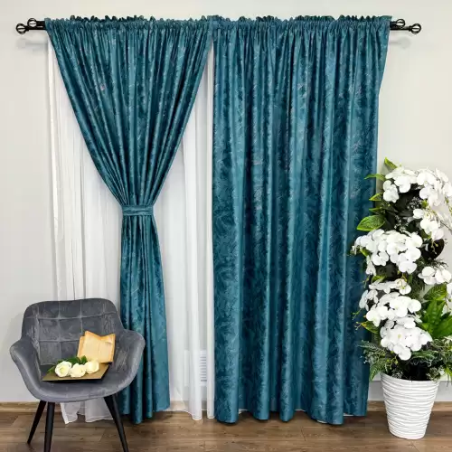 Draperie Catifea MYKONOS cu valuri rafinate aurii, 140cm latime x 260cm inaltime, cu TIV LAT, Turquoise - V6