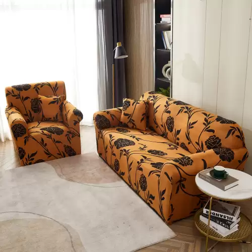 Husa Elastica Pentru Canapea 3 Locuri - L - Jojo Home, Mustar, flori