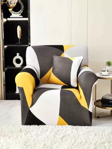 Husa Elastica Pentru fotoliu cu brate, Jojo Home, Galben-Gri, forme geometrice