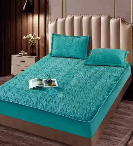 Husã matlasatã tip topper din catifea, 160x200cm + 2 fete de perna 50x70cm, Turquoise