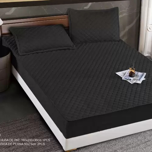 Husa Matlasata Tip Topper din Catifea 160x200cm, cu 2 Fete de Perna 50x70cm -  Somn Odihnitor si Sustinere pentru Spate, Negru