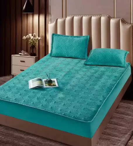 Husa matlasata tip topper din catifea, 180x200cm + 2 fete de perna 50x70cm - Turcoaz