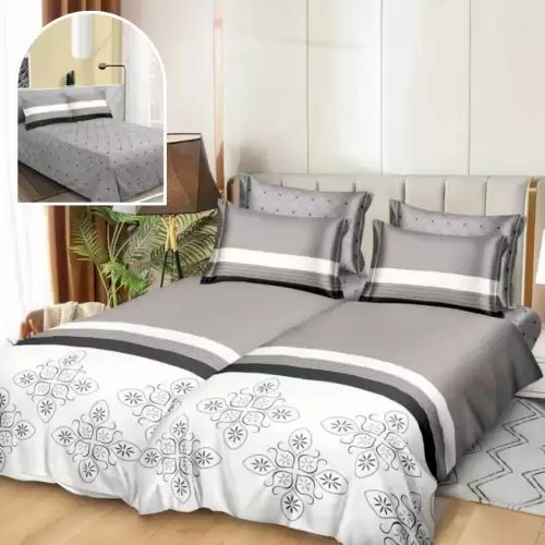 Lenjerie de Pat, 7 Piese, Bumbac Satinat Superior, cu 2 Pilote, Alb, Gri, Model Clasic