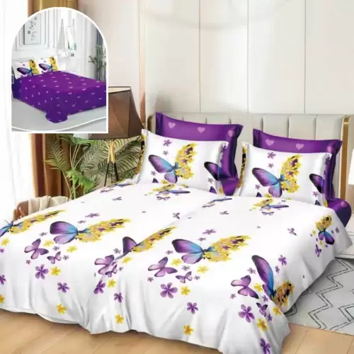 Lenjerie de Pat, 7 Piese, Bumbac Satinat Superior, cu 2 Pilote, Alb, Mov, Fluturi