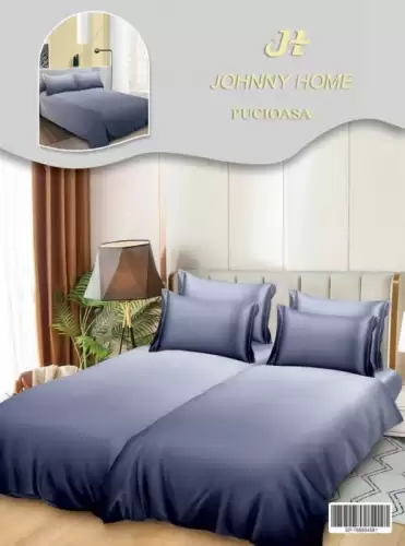 Lenjerie de Pat, 7 Piese, Bumbac Satinat Superior, cu 2 Pilote - Albastru Degrade